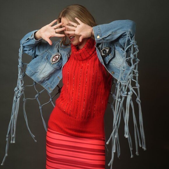 Red Cashmere Unique Top With Sequins by Miguel Cruz, Made in Italy, Size S - Picture 10 of 11